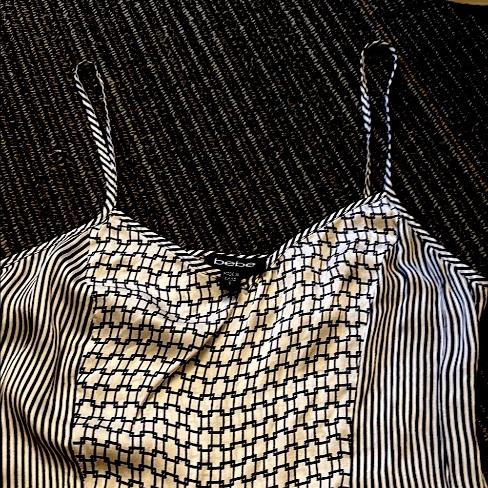 Bebe Asymmetrical Black and White Camisole
Side zip 
Silk